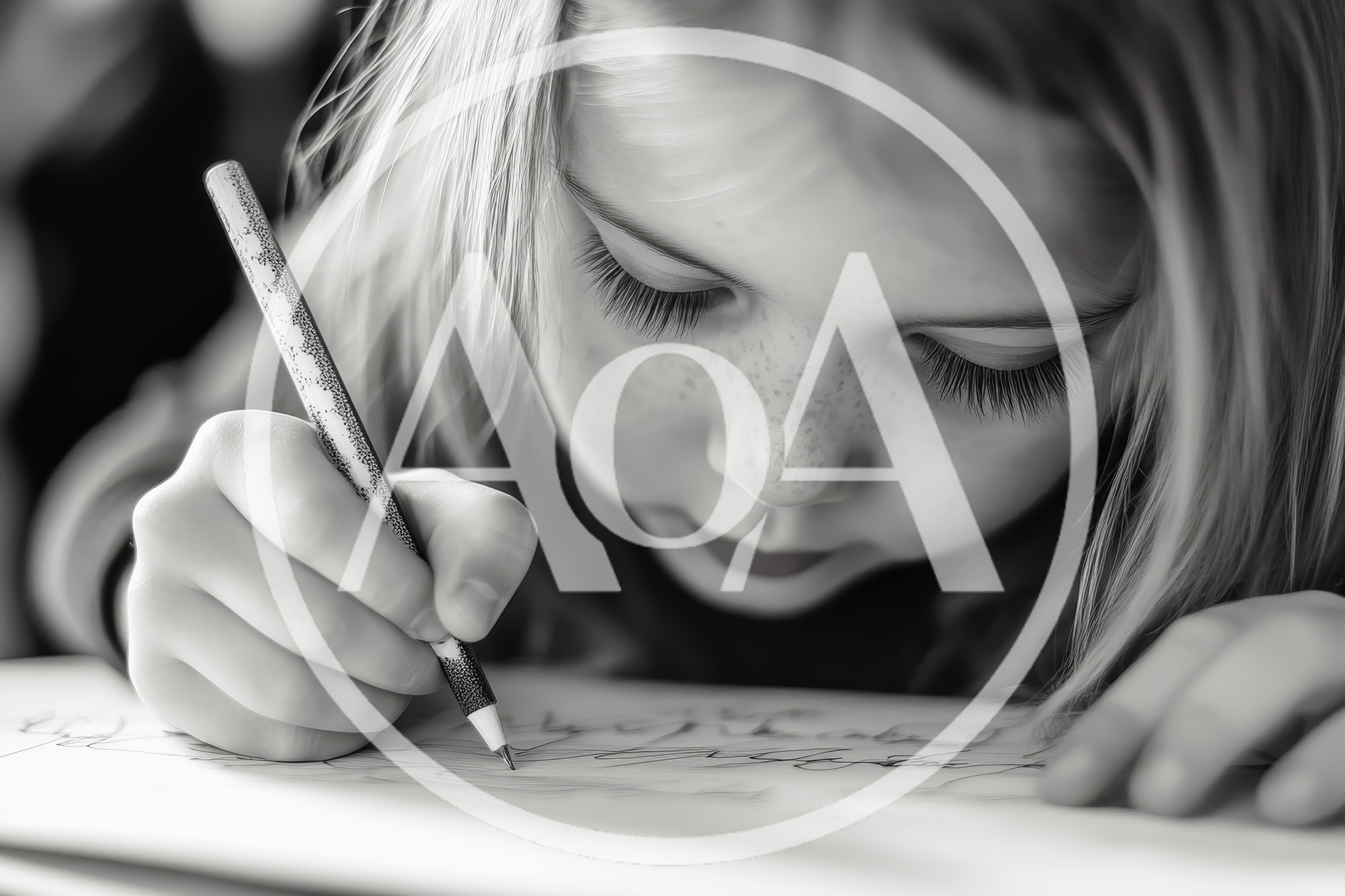 Young Girl Concentrating While Drawing With A Pencil