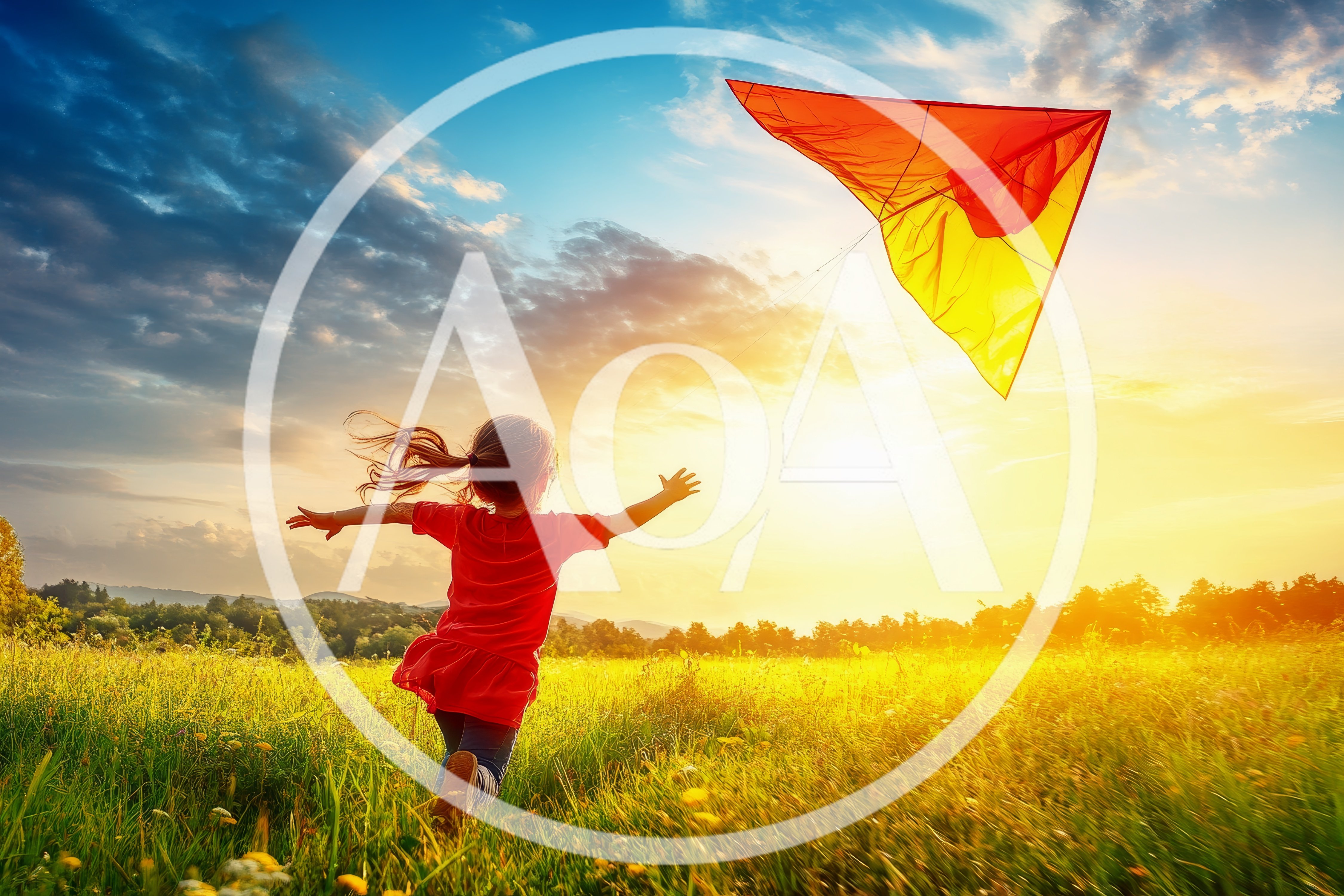 Little Girl Running Through Meadow Flying A Kite