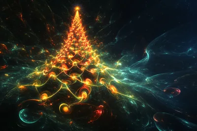 Abstract Fractal Christmas Tree With Glowing Golden Lights
