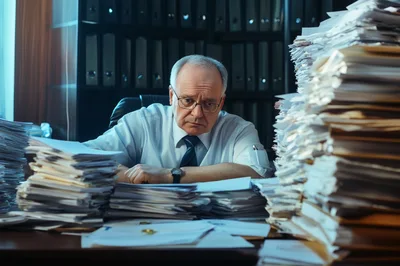 Overwhelmed Office Worker Buried Under Piles Of Paperwork