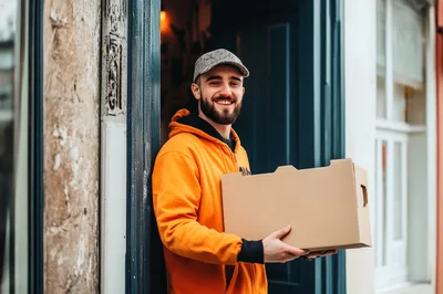 Delivery Man Holding Cardboard Box at Doorway