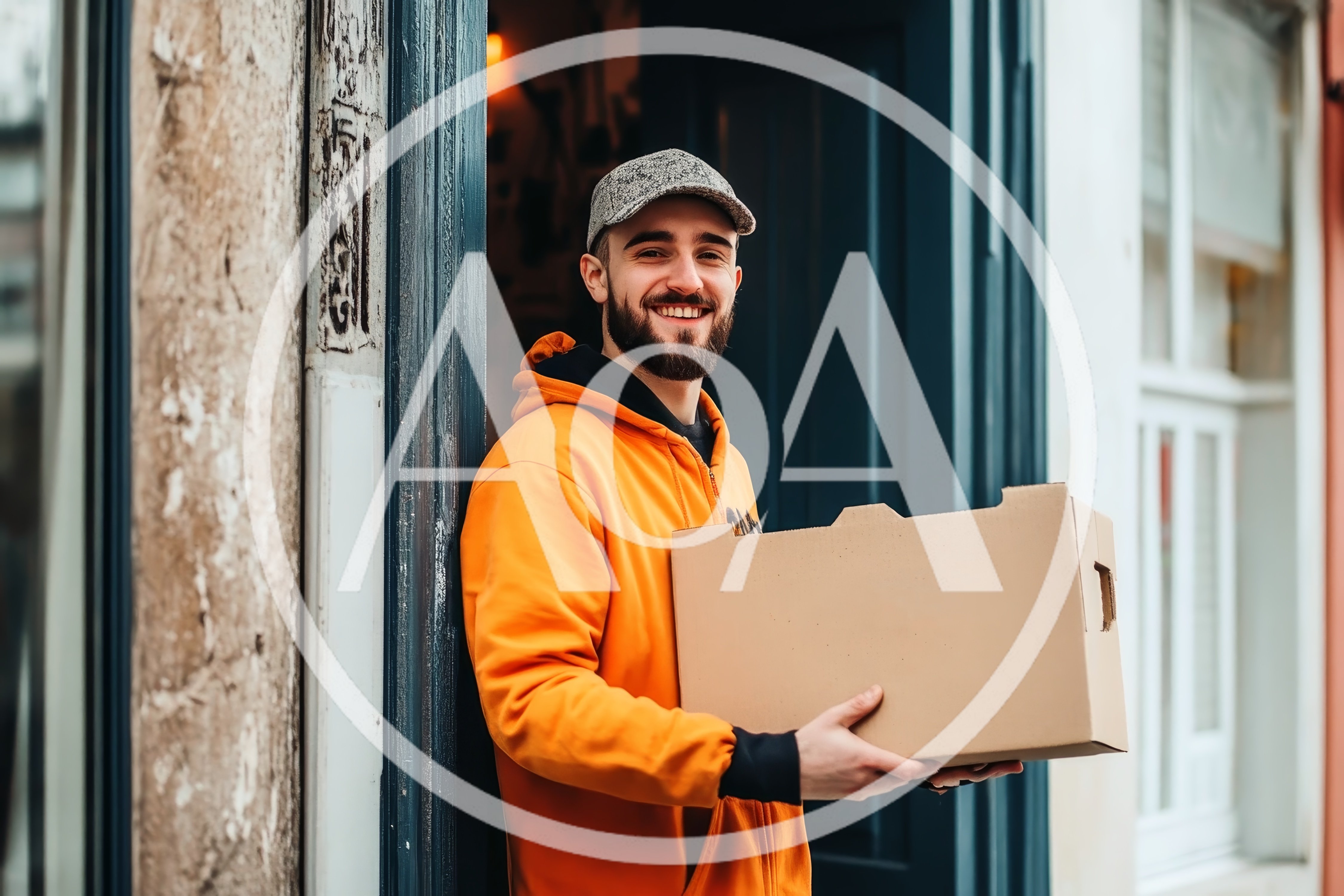 Delivery Man Holding Cardboard Box at Doorway