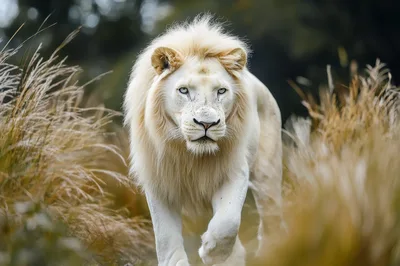 Majestic White Lion Walking Through Tall Grass