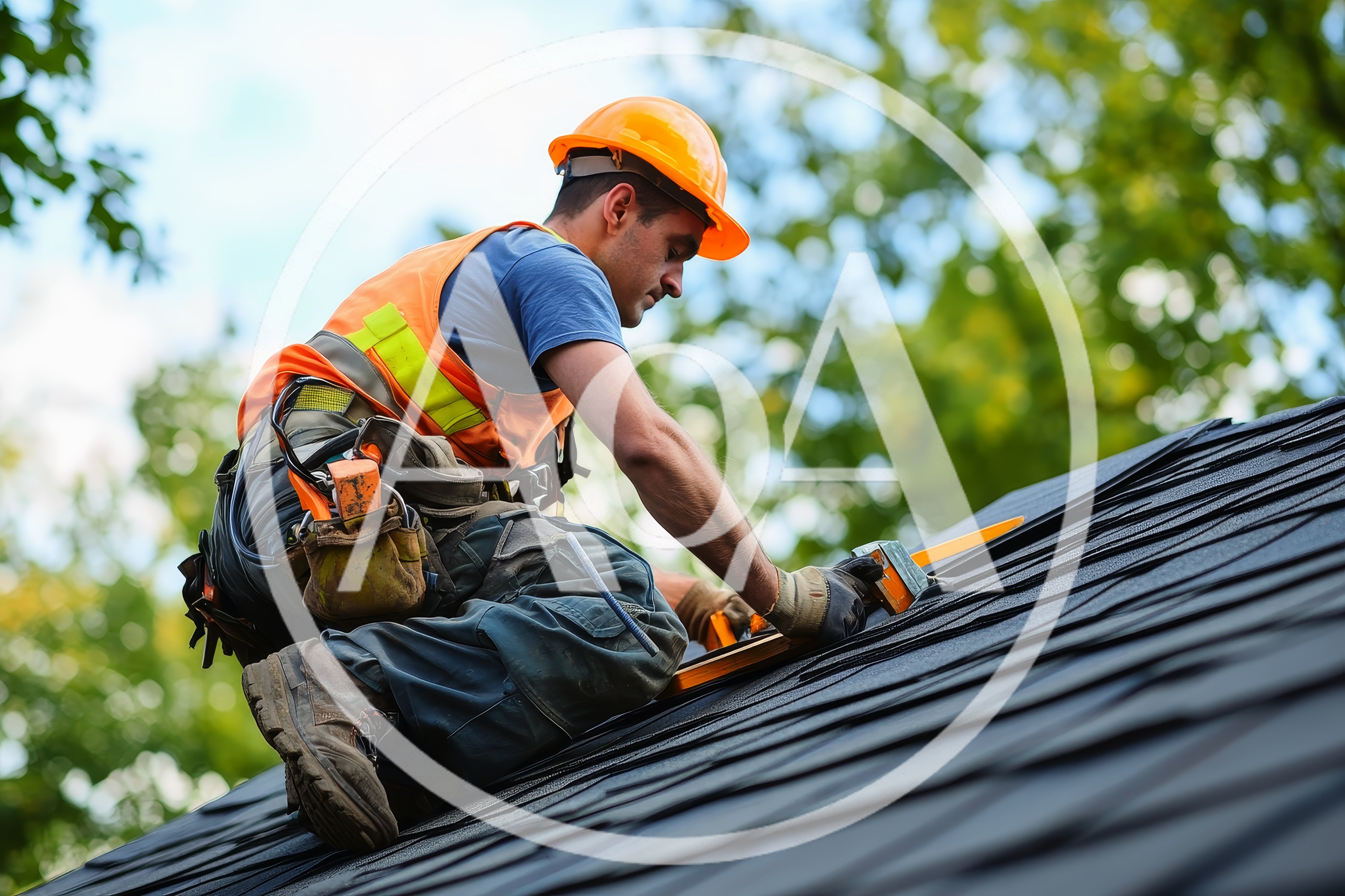 Roofer Installing Asphalt Shingles On A Residential Roof