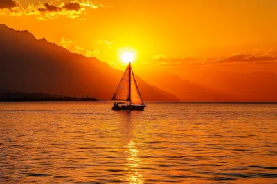 Sailboat Sailing On Lake During Golden Sunset