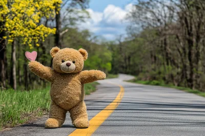 Teddy Bear Holding A Pink Heart On A Country Road