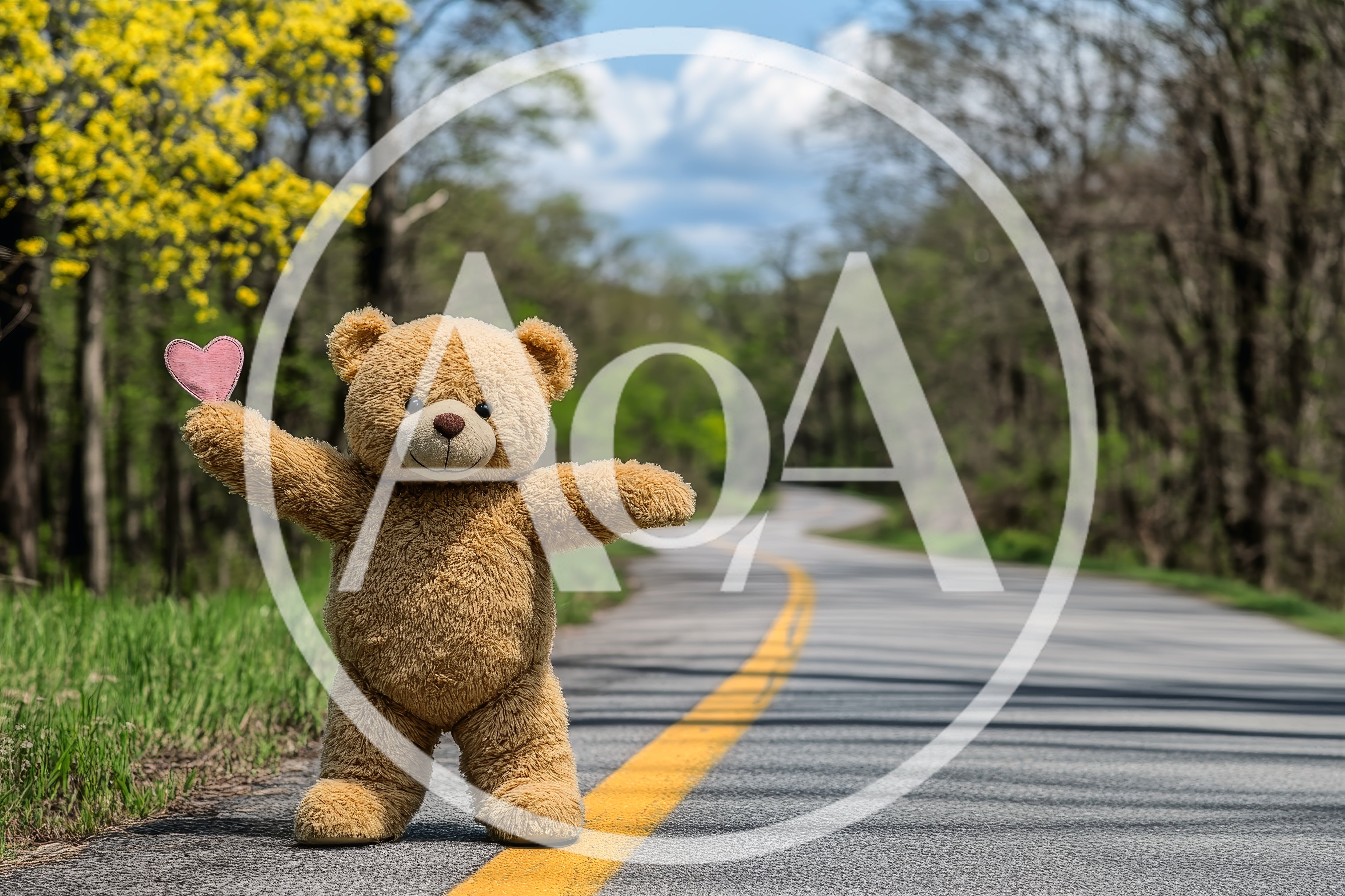 Teddy Bear Holding A Pink Heart On A Country Road