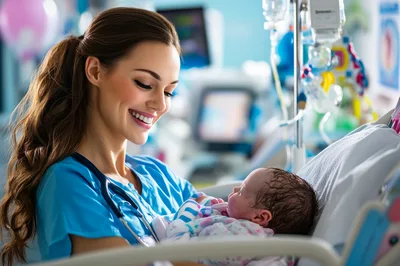 Nurse Holding Newborn Baby in Neonatal Intensive Care Unit