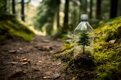 Small Pine Tree Growing Inside A Plastic Bottle