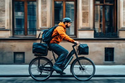 Delivery Cyclist Riding Electric Bike Through City Street