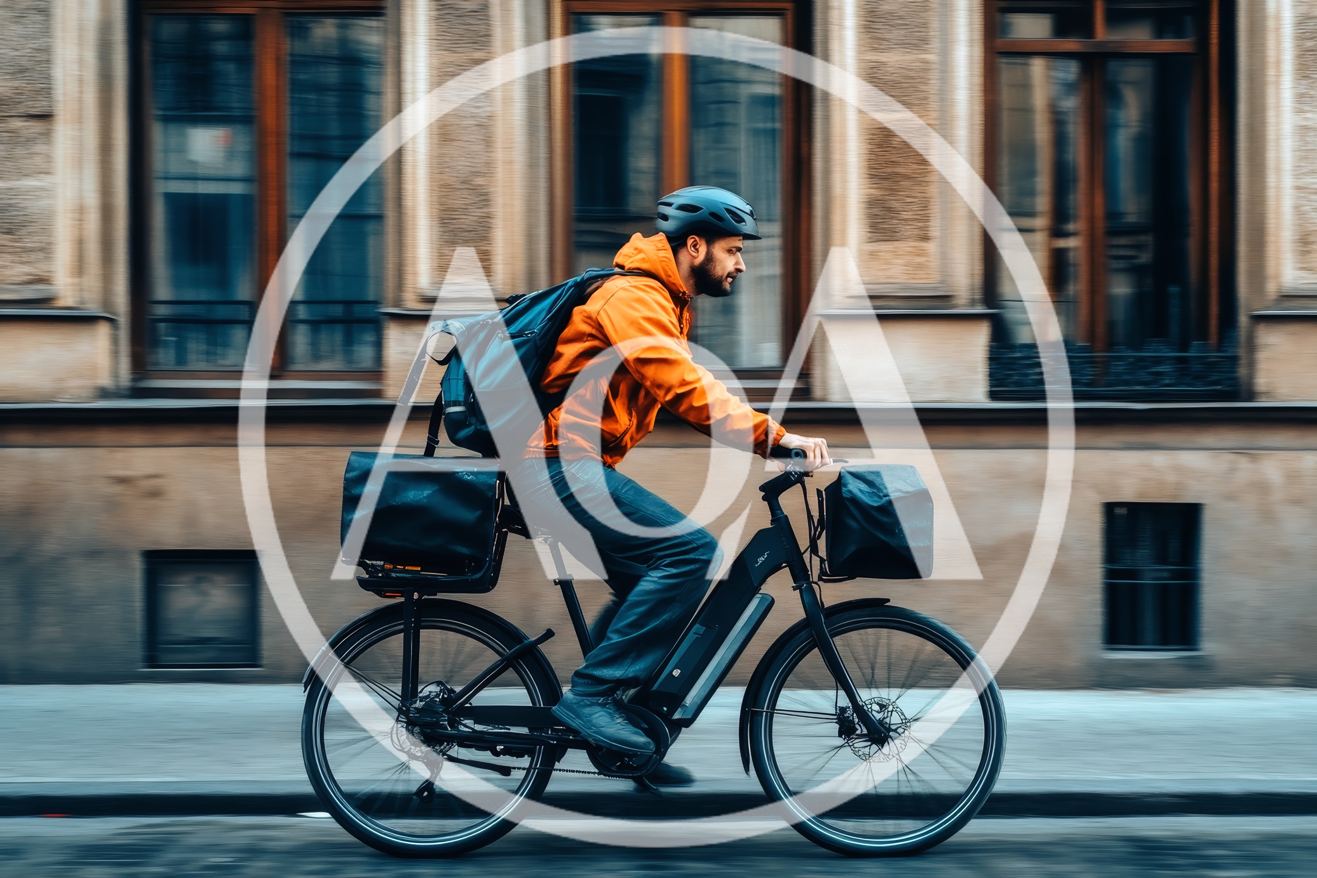 Delivery Cyclist Riding Electric Bike Through City Street