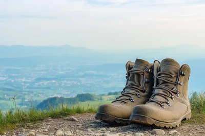 Hiking Boots Resting On A Mountain Trail Overlook