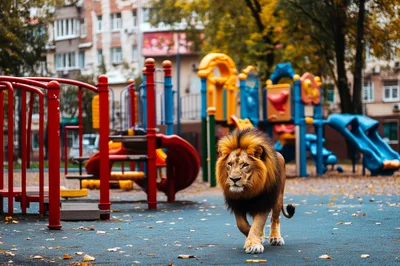 Majestic Lion Walking Through A Colorful Urban Playground