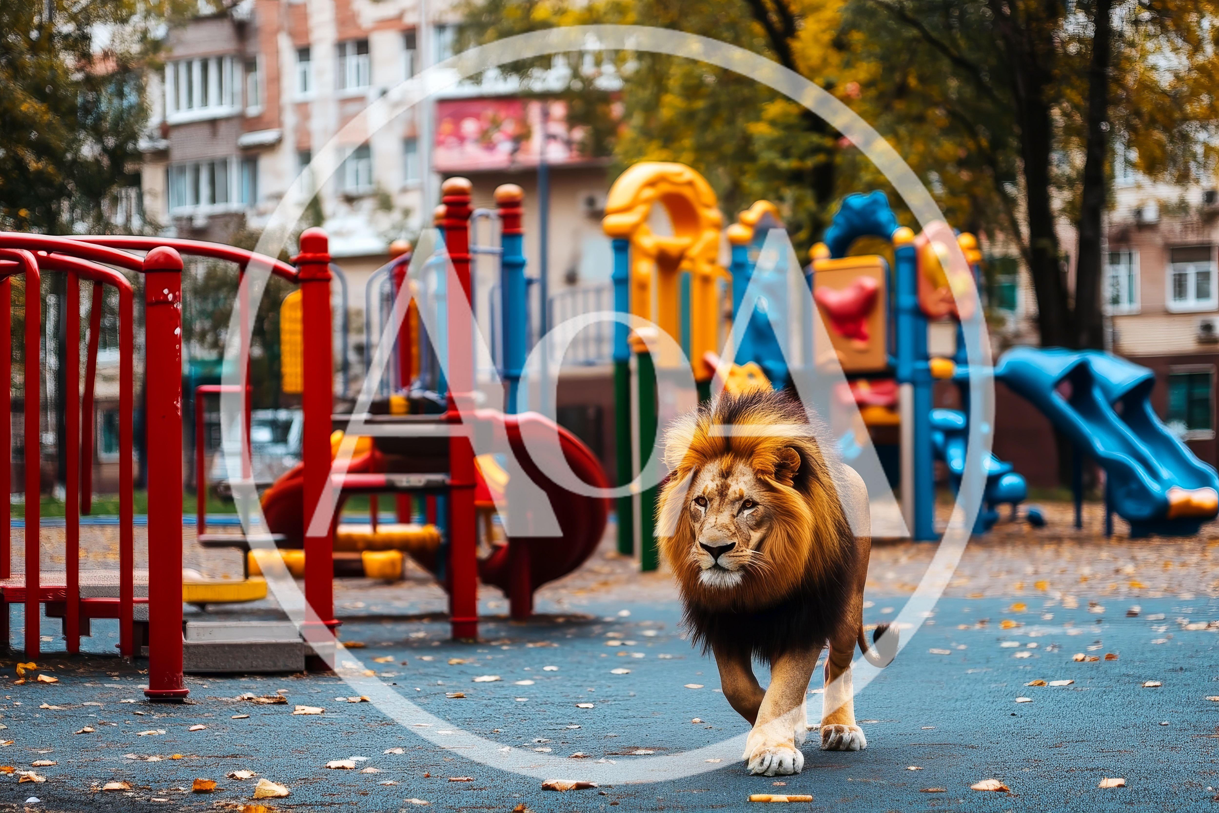 Majestic Lion Walking Through A Colorful Urban Playground