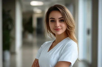 Portrait Of A Professional Female Nurse In Hospital Corridor