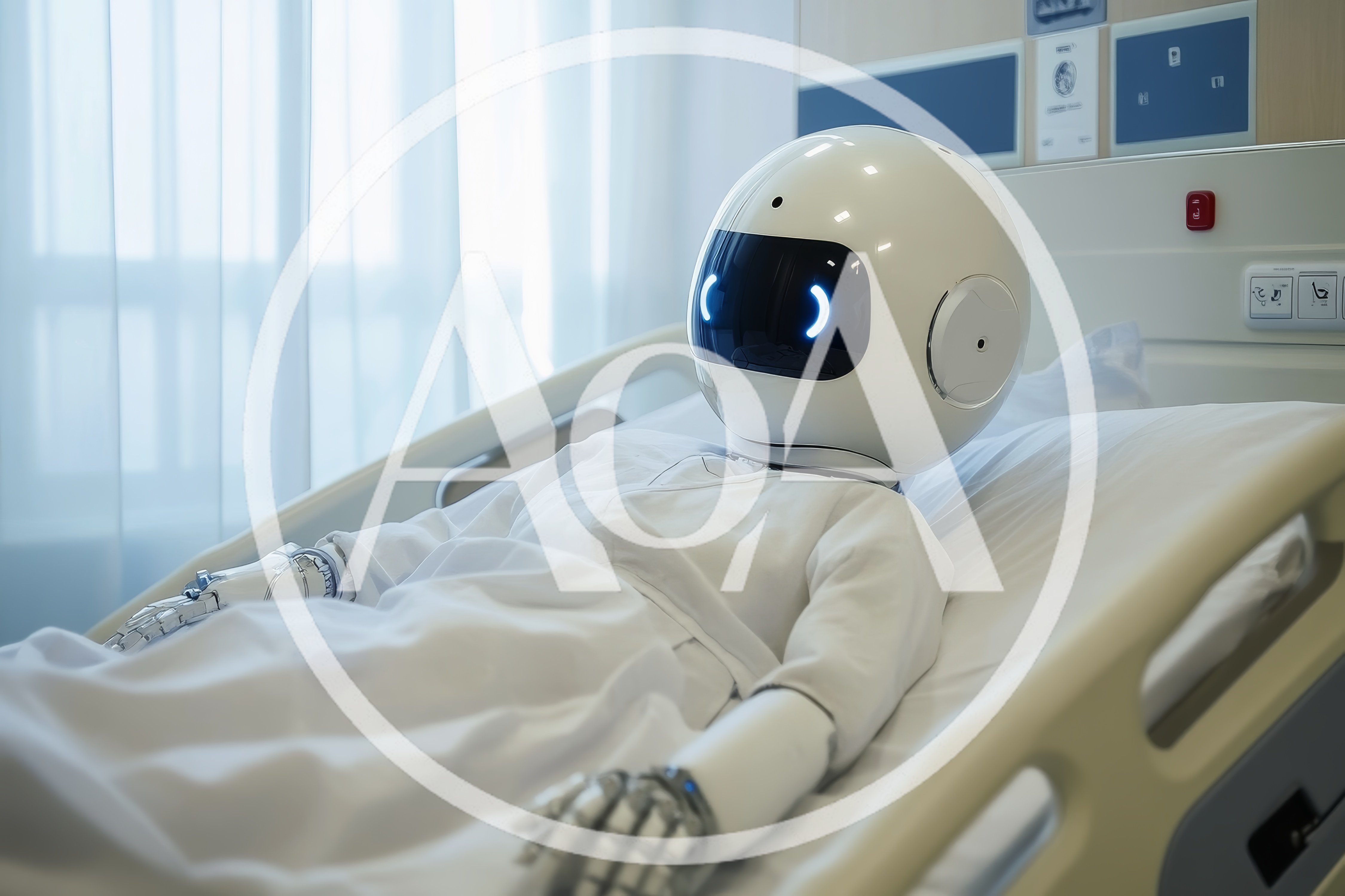 Futuristic Robot Patient Lying In Hospital Bed