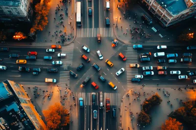 Aerial View of Busy City Intersection at Sunset