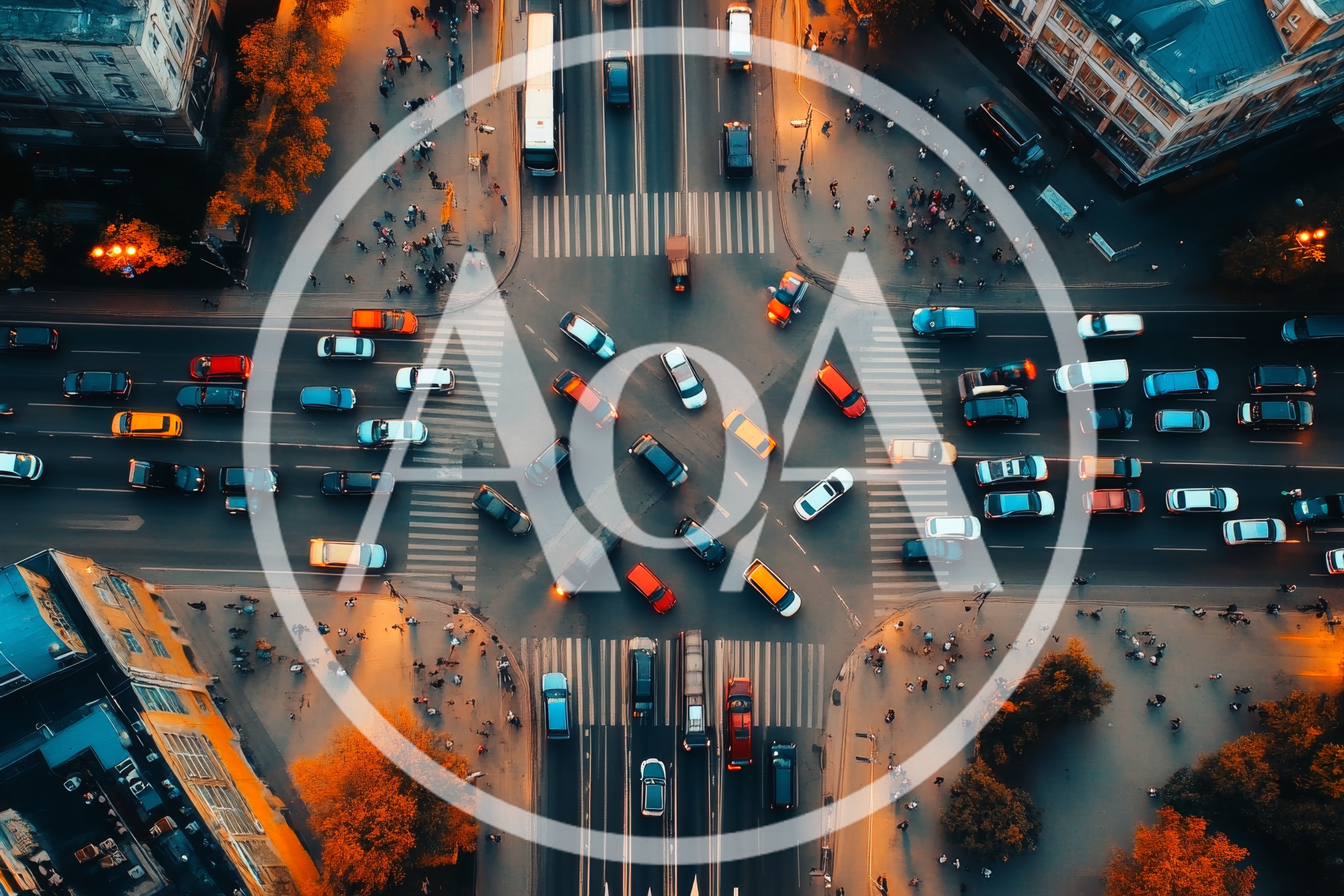Aerial View of Busy City Intersection at Sunset