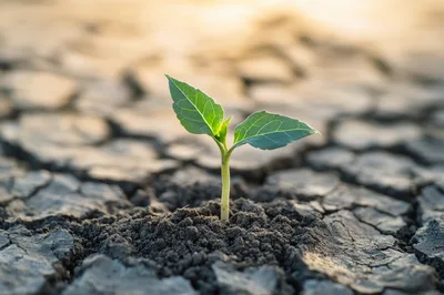 Small Green Sprout Growing From Cracked Dry Earth