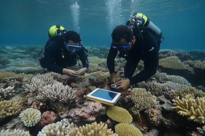 Marine Biologists Conducting Coral Reef Research Underwater