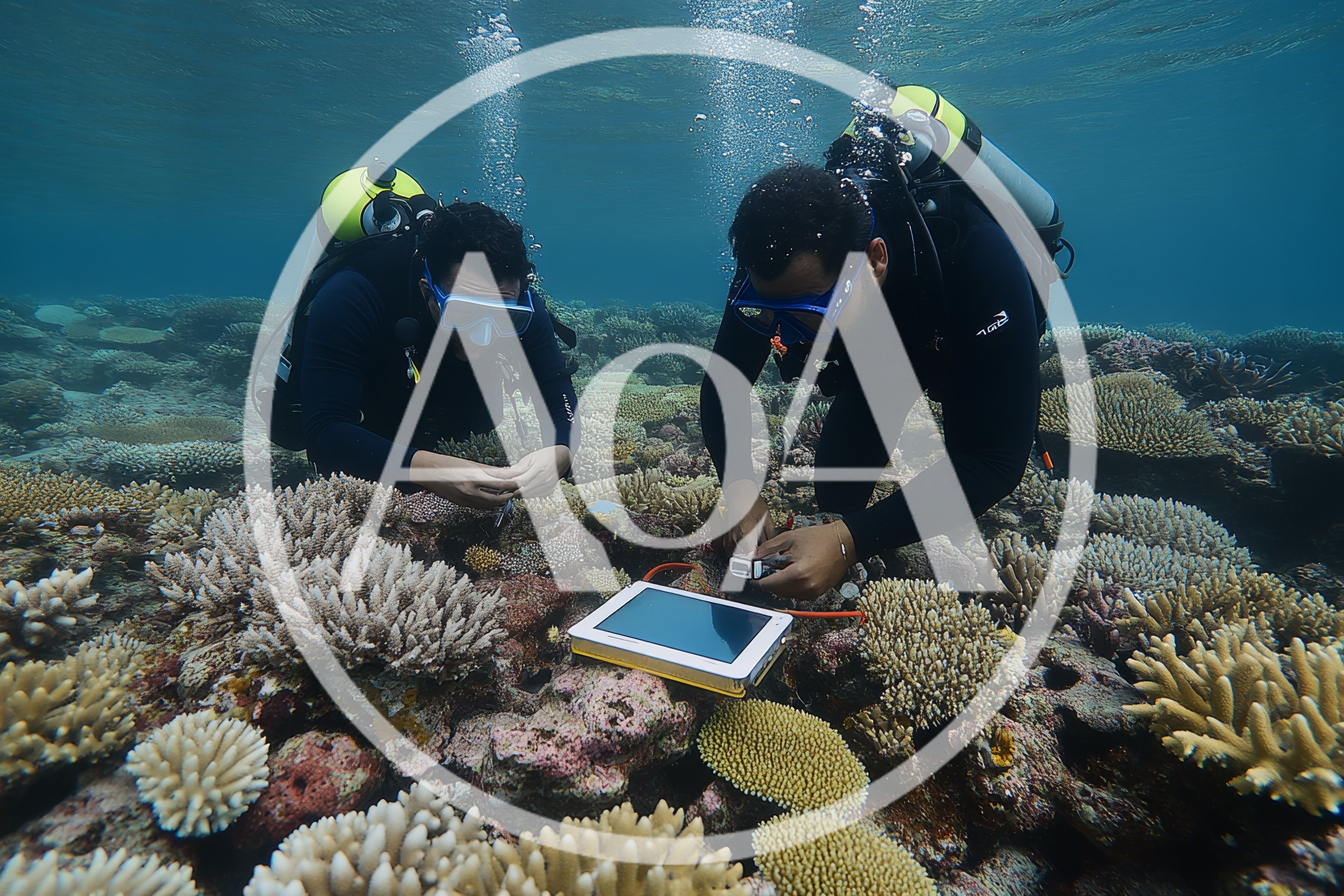 Marine Biologists Conducting Coral Reef Research Underwater
