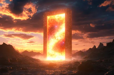 Glowing Cosmic Portal Standing On Alien Planet Surface
