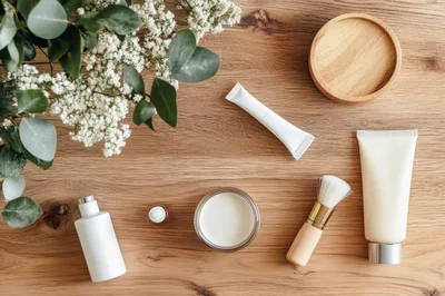 Flat Lay Skincare Products With Eucalyptus And Flowers