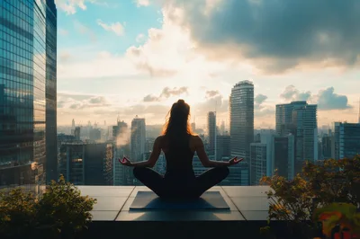 Woman Practicing Yoga On A City Rooftop At Sunset