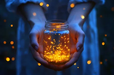 Person Holding A Glass Jar Filled With Glowing Fireflies