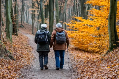 Senior Couple Hiking Together On A Forest Path