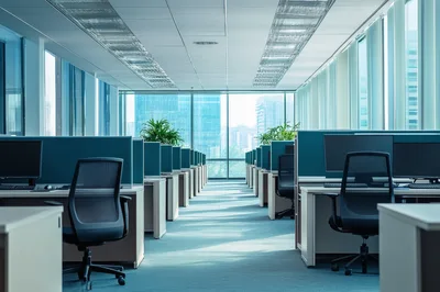 Empty Modern Office Cubicles With Desk Chairs