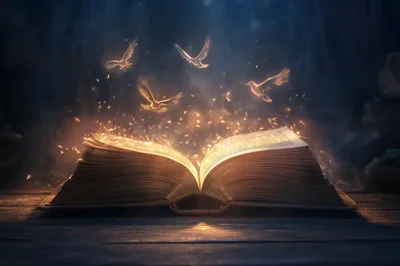Open Magical Book With Glowing Birds And Sparks