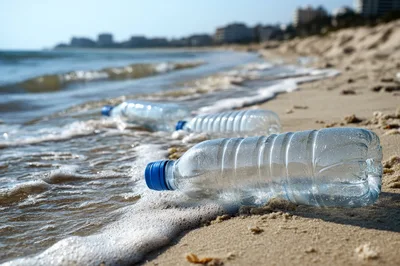 Plastic Water Bottles Polluting A Sandy Beach