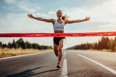 Female Runner Crossing Finish Line With Arms Raised