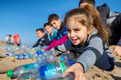 Children Cleaning Plastic Bottles From Sandy Beach