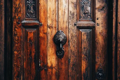 Ornate Antique Wooden Door With Metal Knocker