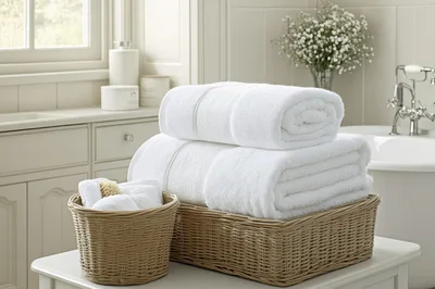 Stack Of White Towels In Wicker Baskets