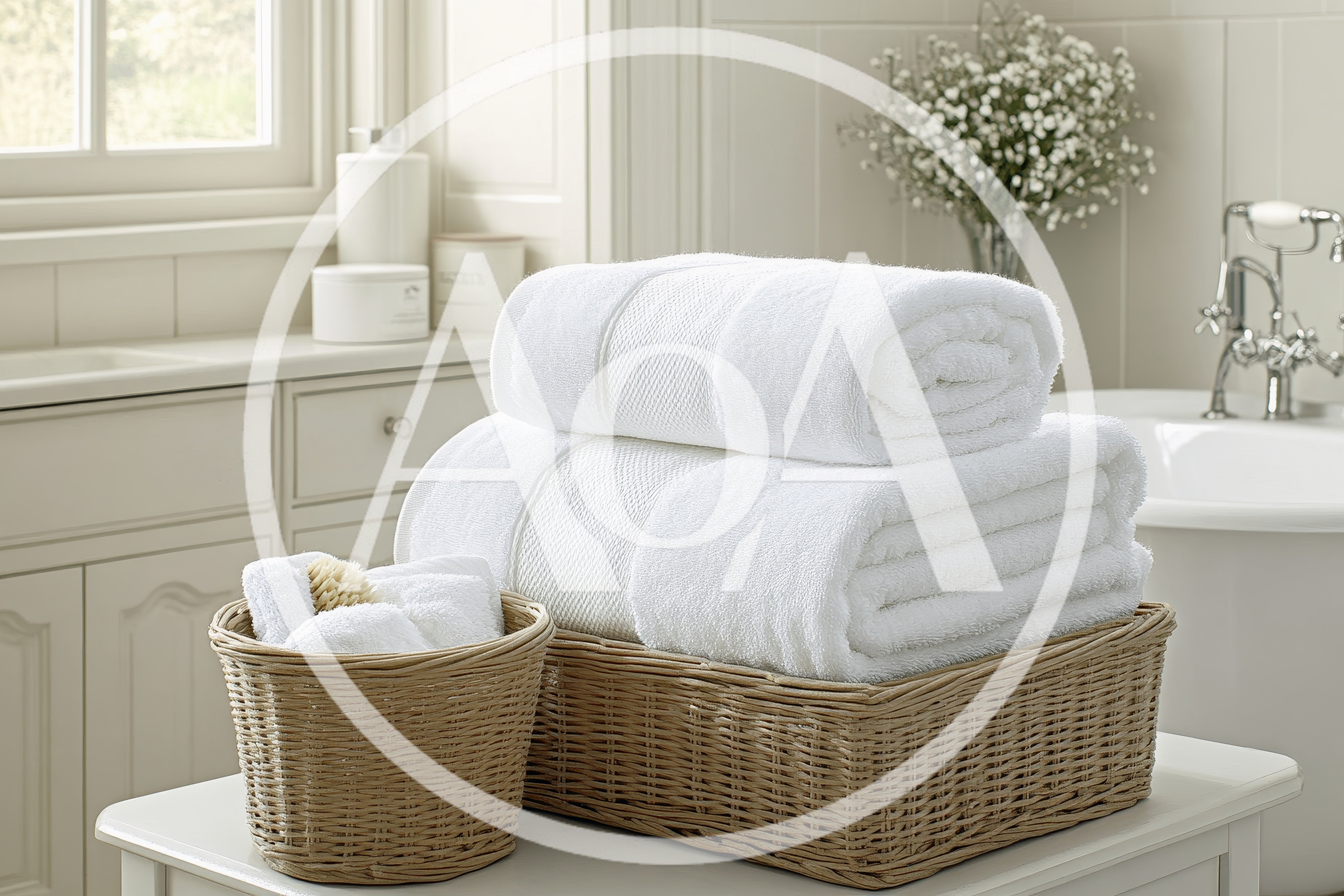 Stack Of White Towels In Wicker Baskets