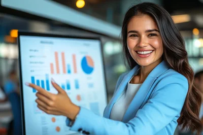 Professional Businesswoman Presenting Data Charts In Modern Office