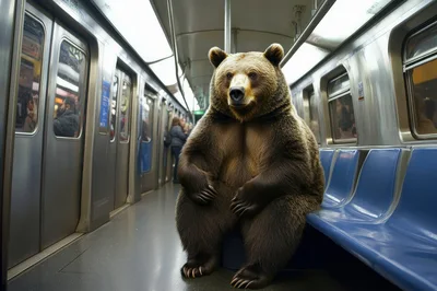 Grizzly Bear Sitting on a Subway Train