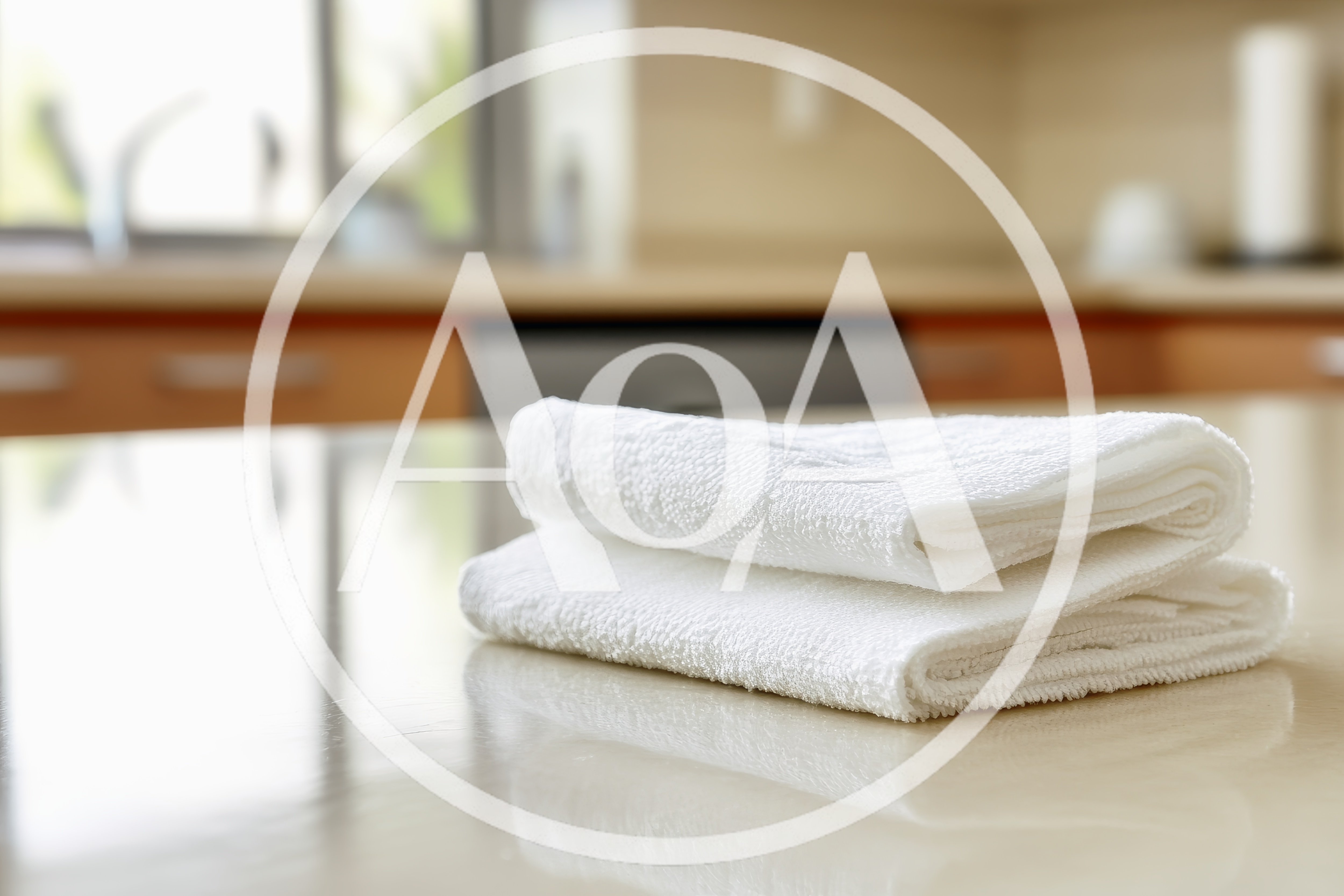 Folded White Kitchen Towel on Countertop