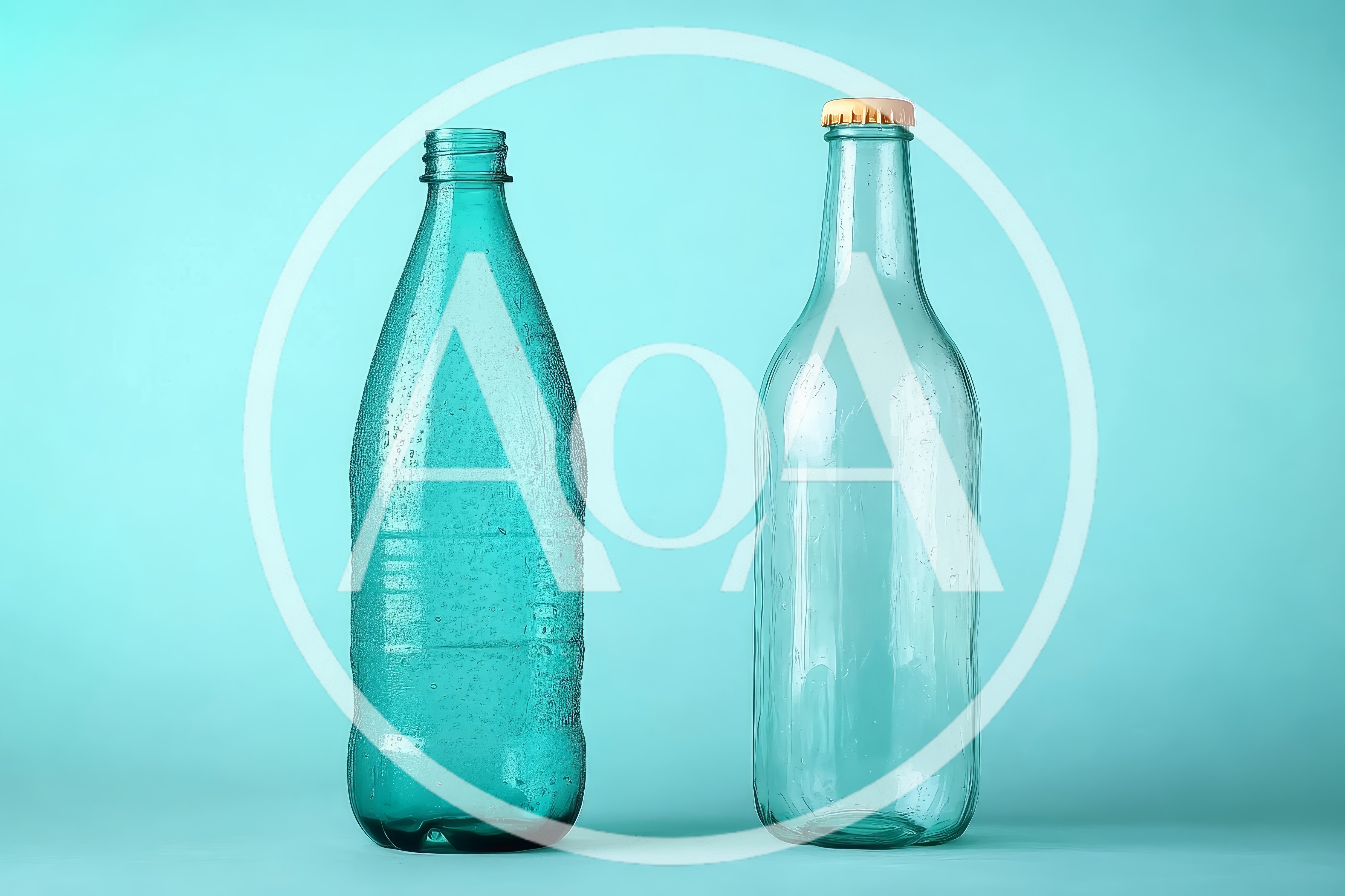 Two Empty Glass Bottles On A Light Blue Background