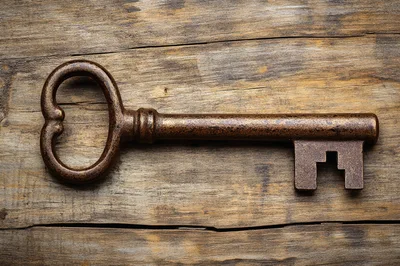 Antique Skeleton Key Resting On Weathered Wooden Surface