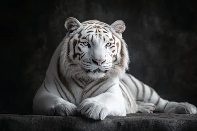 Majestic White Tiger Resting On A Dark Rock