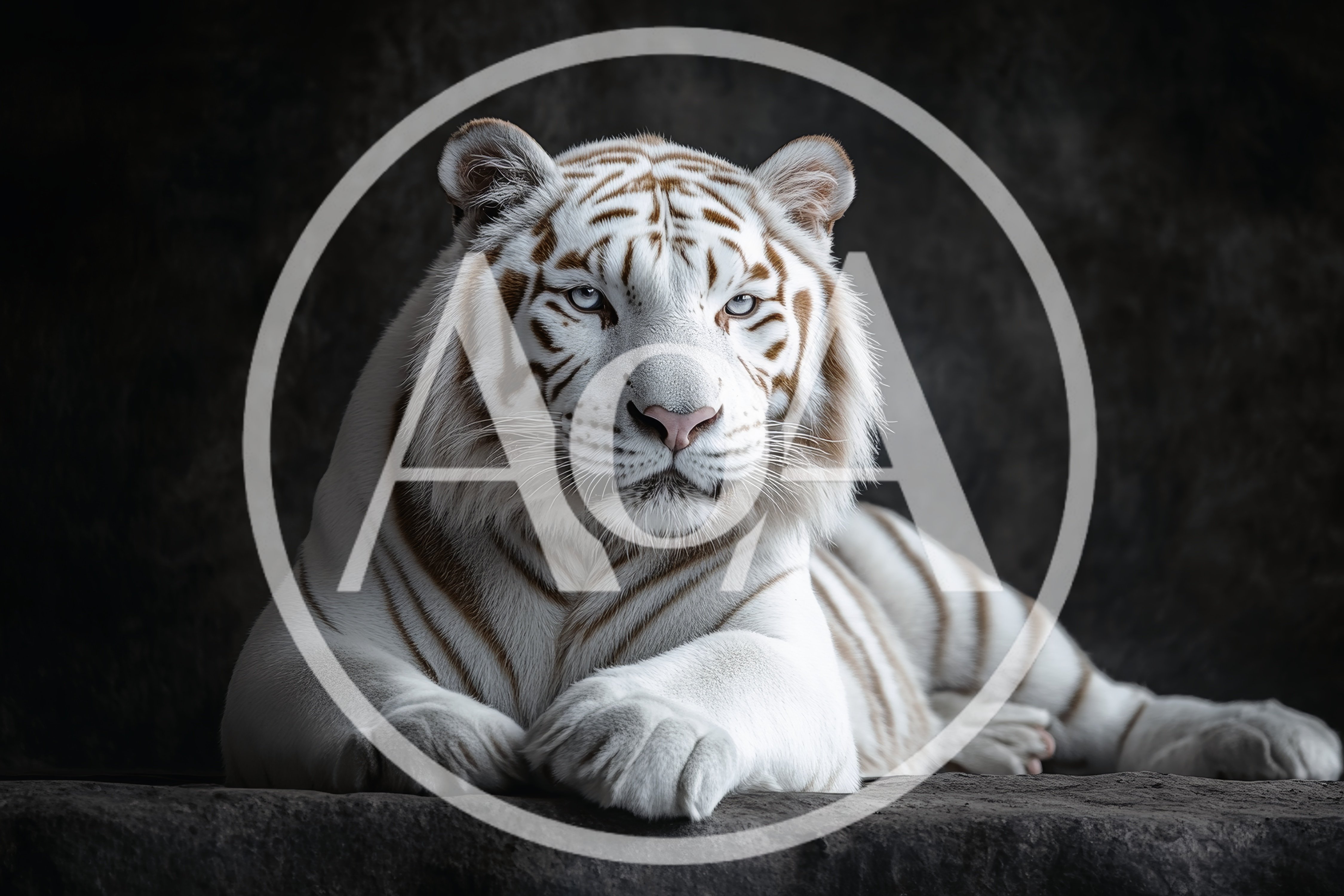 Majestic White Tiger Resting On A Dark Rock