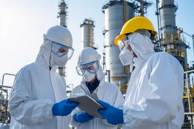 Industrial Engineers In Hazmat Suits Reviewing Data