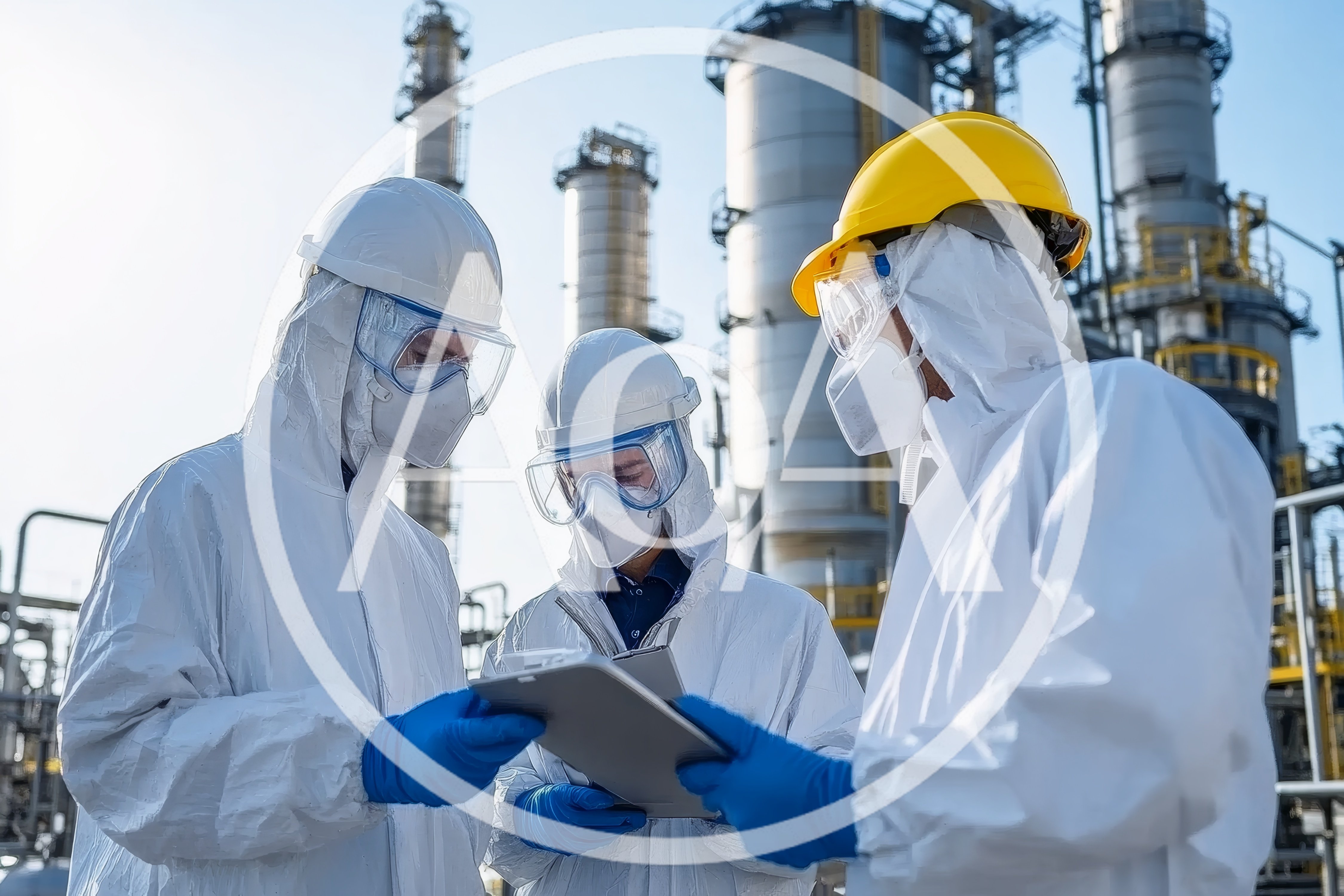Industrial Engineers In Hazmat Suits Reviewing Data