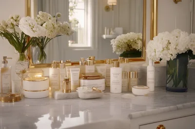 Luxury Skincare Products Arranged On A Marble Vanity