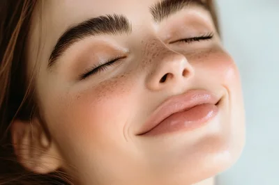 Close Up Portrait Of A Smiling Woman With Freckles