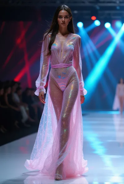 Fashion Model Walking On A Runway In A Sheer Gown